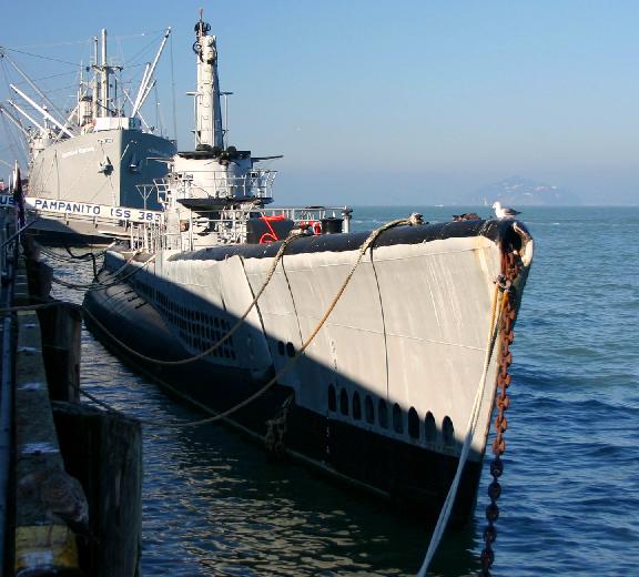 USS Pampanito at Pier 45 in San Francisco, California. Alcatraz can be seen in the background.